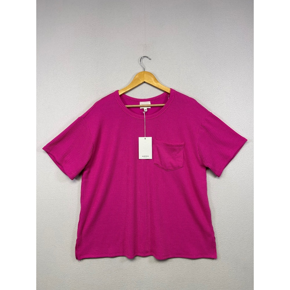 Barbiecore Andree By Unit Womens M Magenta Pink Waffle Knit Pocket Tee MHS73